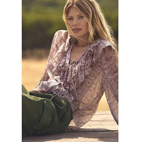 ANTHROPOLOGIE Long Sleeve Ruffled Snakeskin Print Blouse Brown - Picture 6 of 14